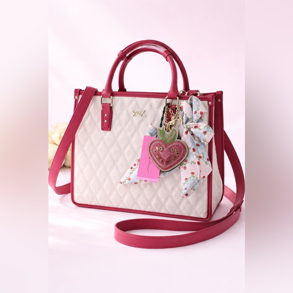 Betsey Johnson Cream and Red Quilted Satchel with Heart Charm